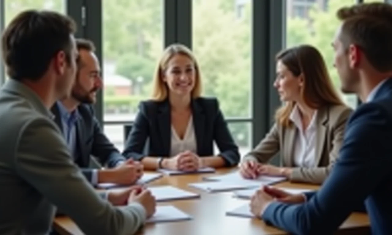 Profissionais diversos discutindo a duração ideal de um vídeo institucional, com iluminação natural.