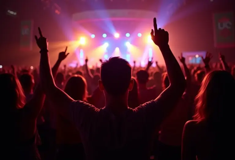 Público diverso curtindo um show inesquecível com luzes vibrantes