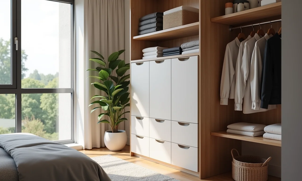 Puff baú funcional em quarto organizado.