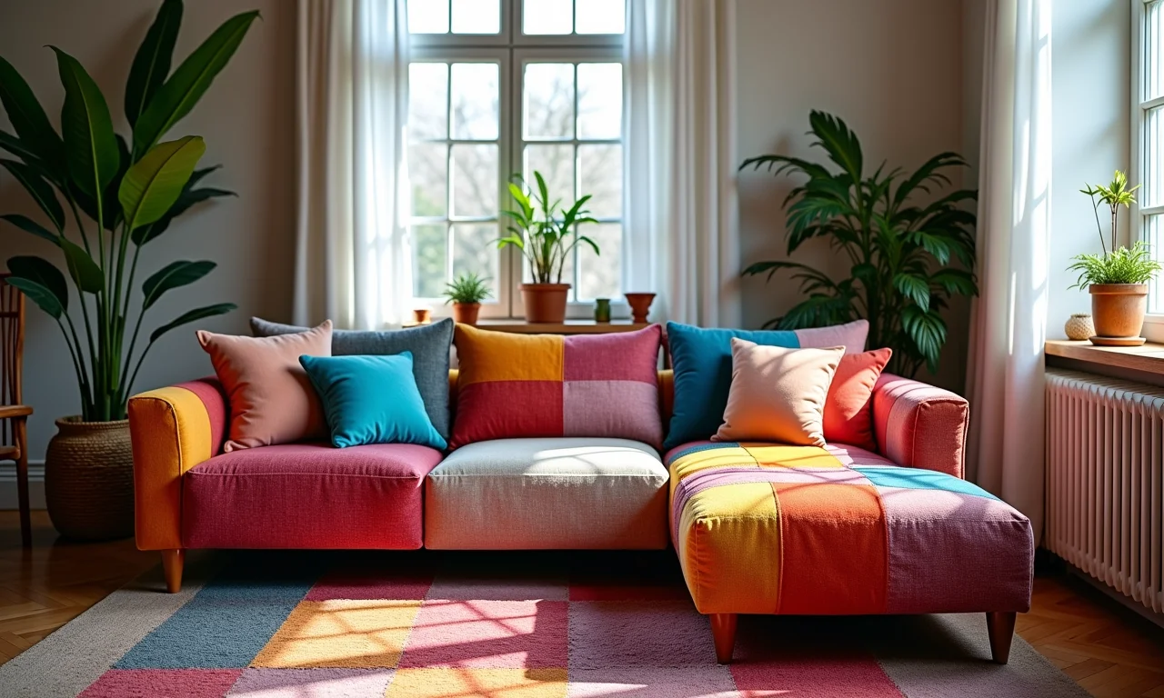 Puff colorido de retalhos em sala de estar eclética.
