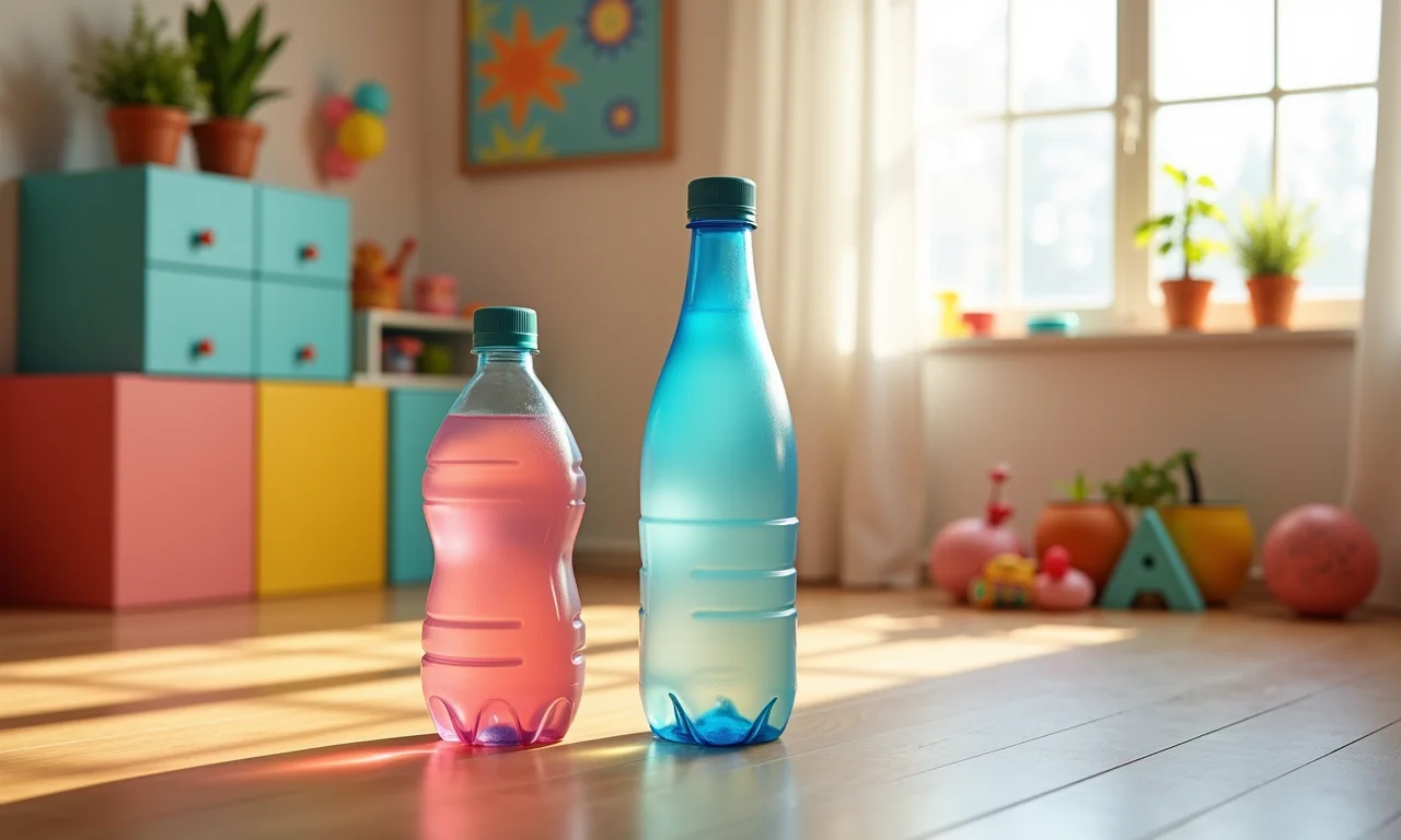 Puff criativo feito de garrafas PET em quarto infantil colorido.