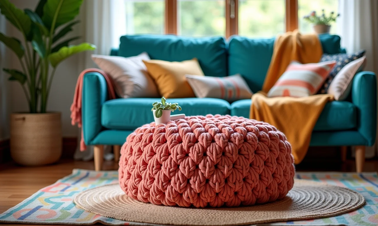 Puff de crochê artesanal em sala de estar boêmia.