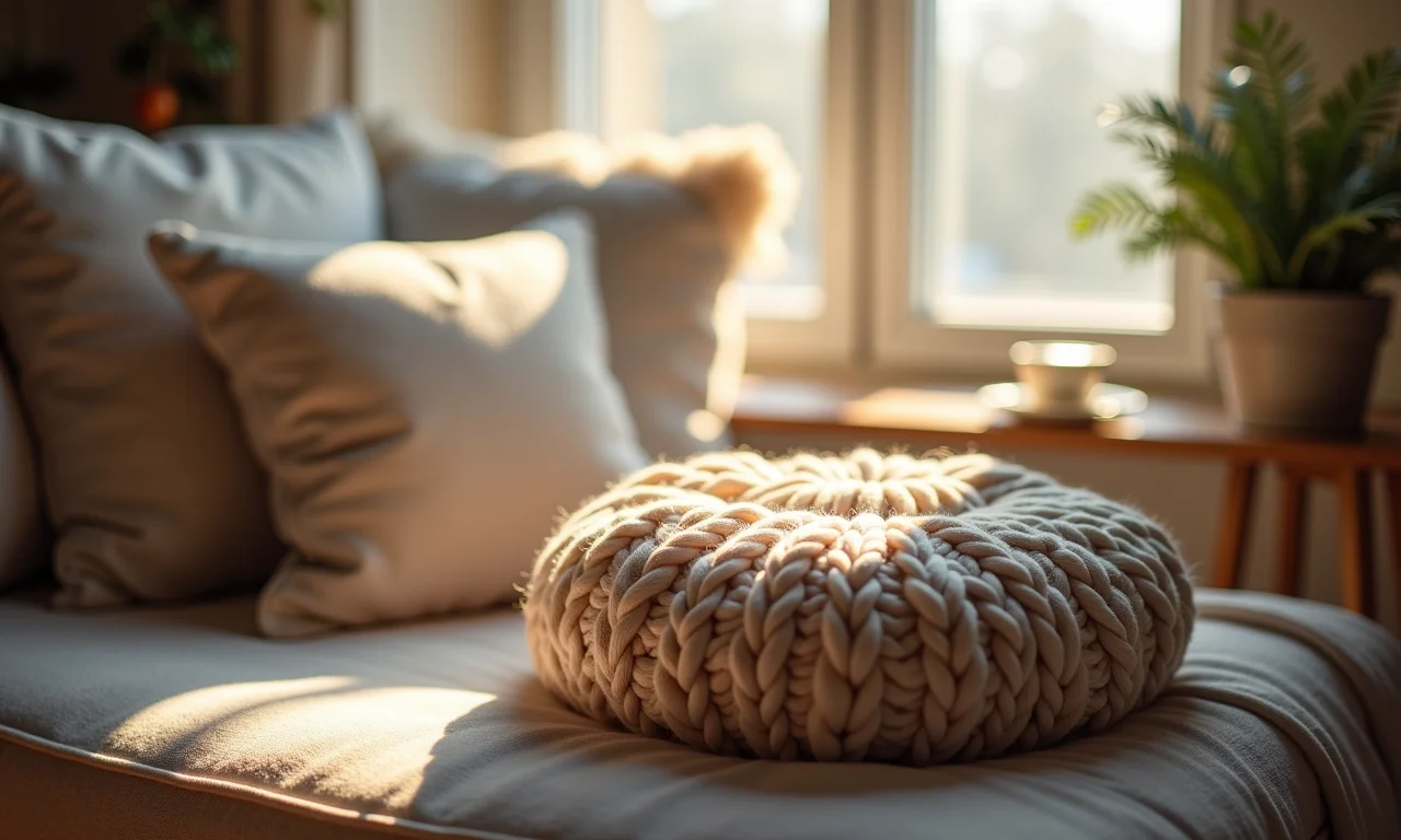Puff de tricô macio em um canto de leitura aconchegante.