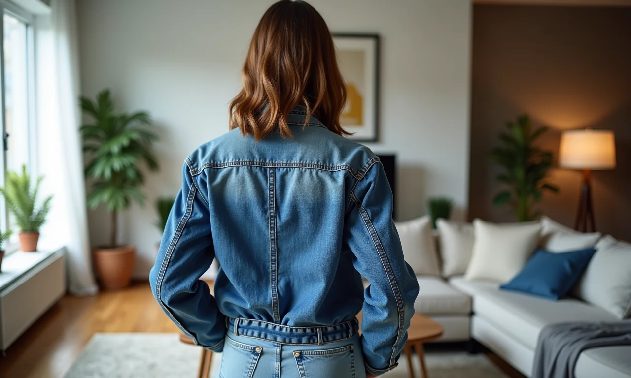 Puff estiloso feito de jeans velho em sala de estar moderna.