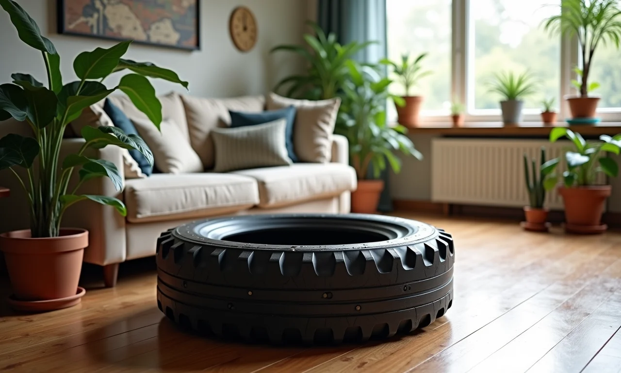 Puff feito de pneu reciclado em sala de estar moderna.