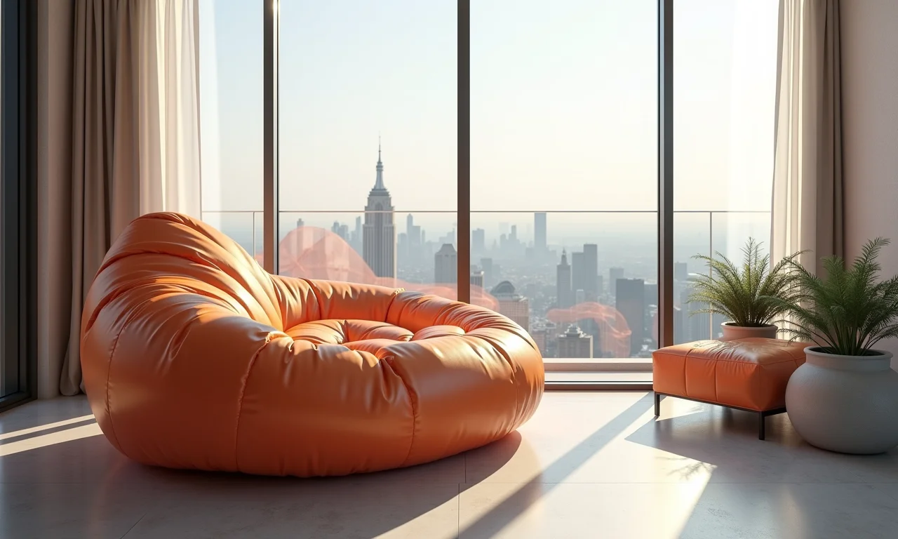 Puff inflável em varanda moderna com vista para a cidade.