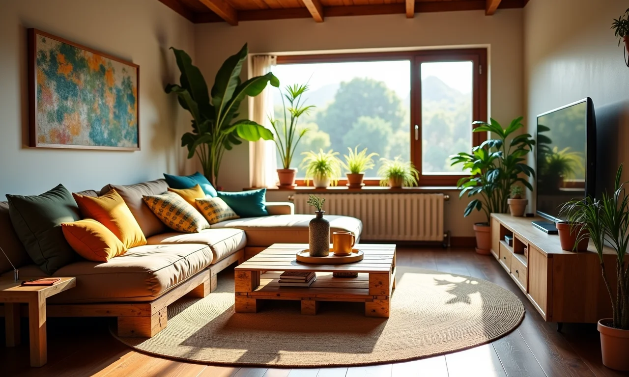 Puff rústico feito de pallet em apartamento com decoração brasileira.