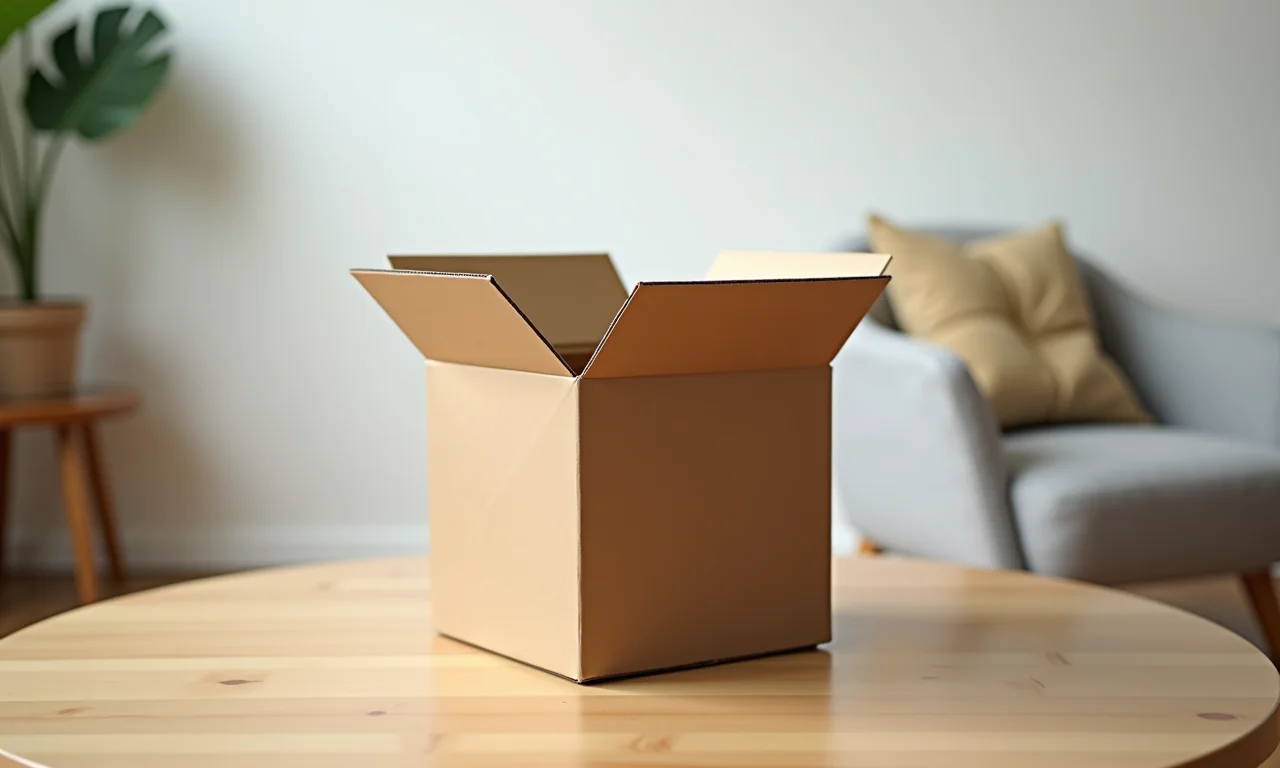 Puff simples feito de caixa de papelão em estúdio minimalista.