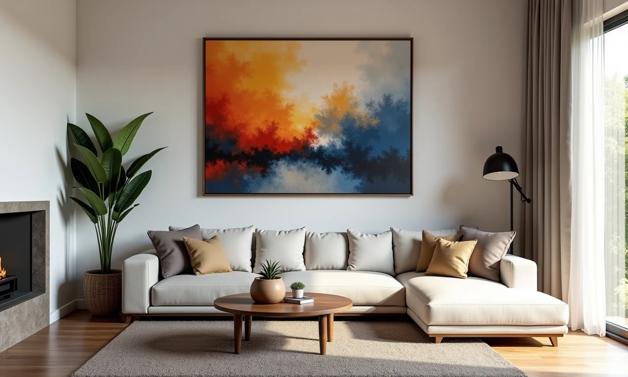 Quadros abstratos combinados com elementos da decoração.