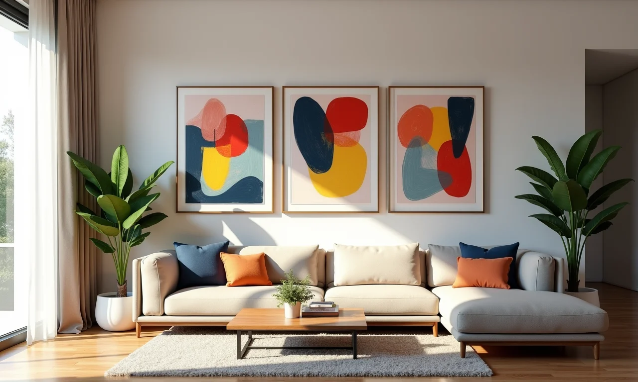 Quadros abstratos em alturas diferentes, decoração divertida.