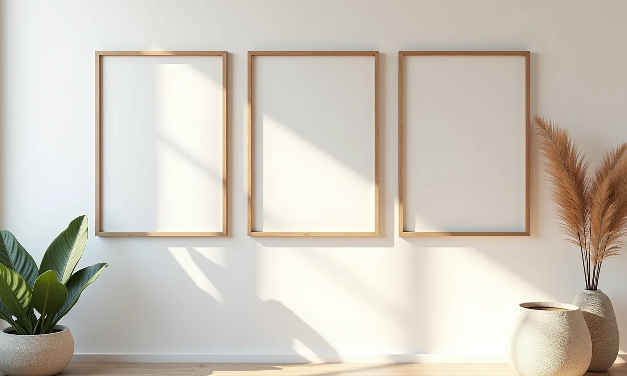 Quadros com folhas secas em parede de casa.