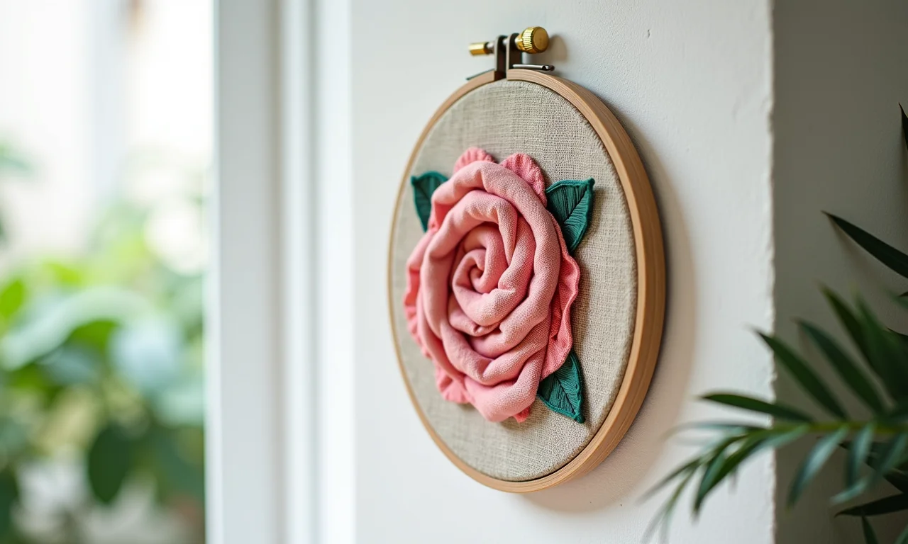 Quadros de bastidor com bordado e tecido, decoração charmosa.