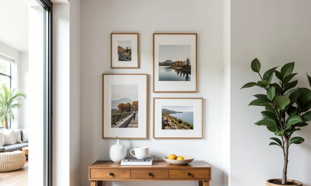 Quadros e fotografias na parede da entrada.