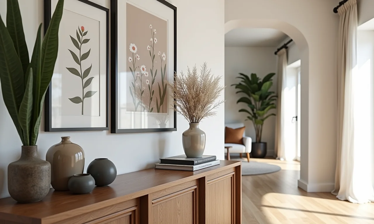 Quadros e objetos decorativos no hall de entrada, expressando estilo pessoal.