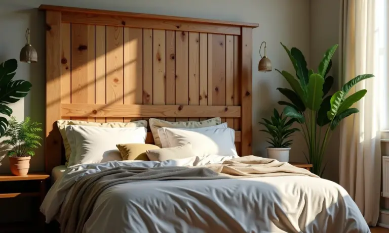 Quarto aconchegante com cabeceira de madeira rústica.
