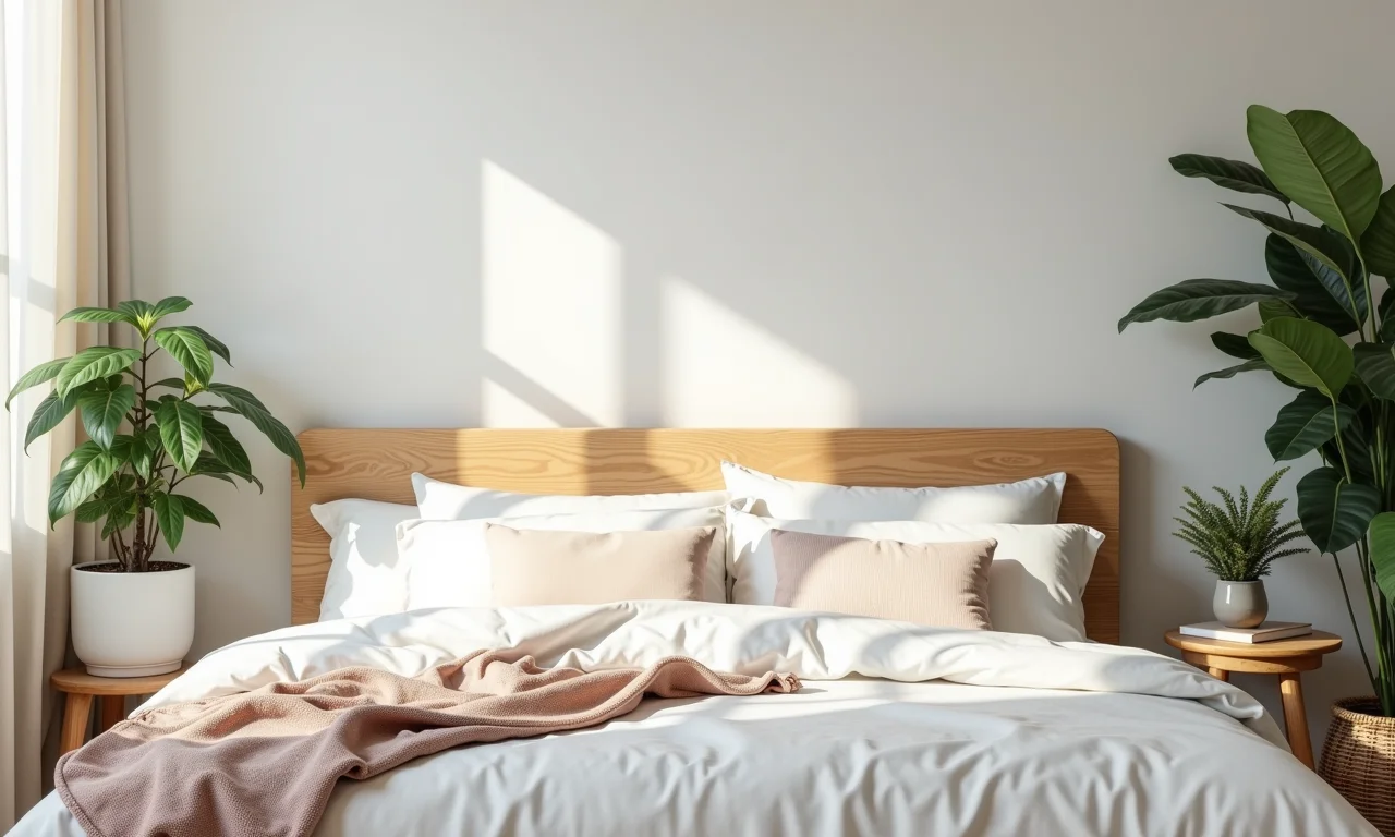 Quarto boêmio com cabeceira de madeira clara.