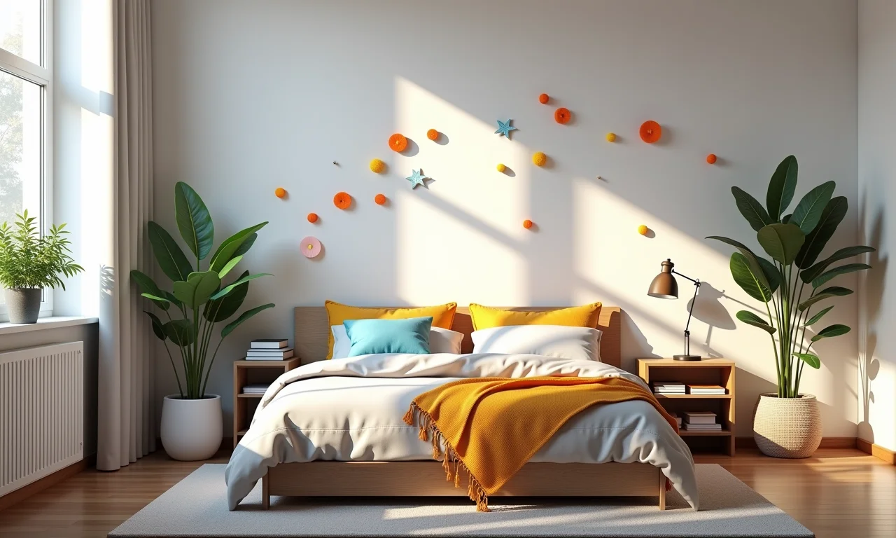 Quarto com adesivos de parede criativos adicionando personalidade.