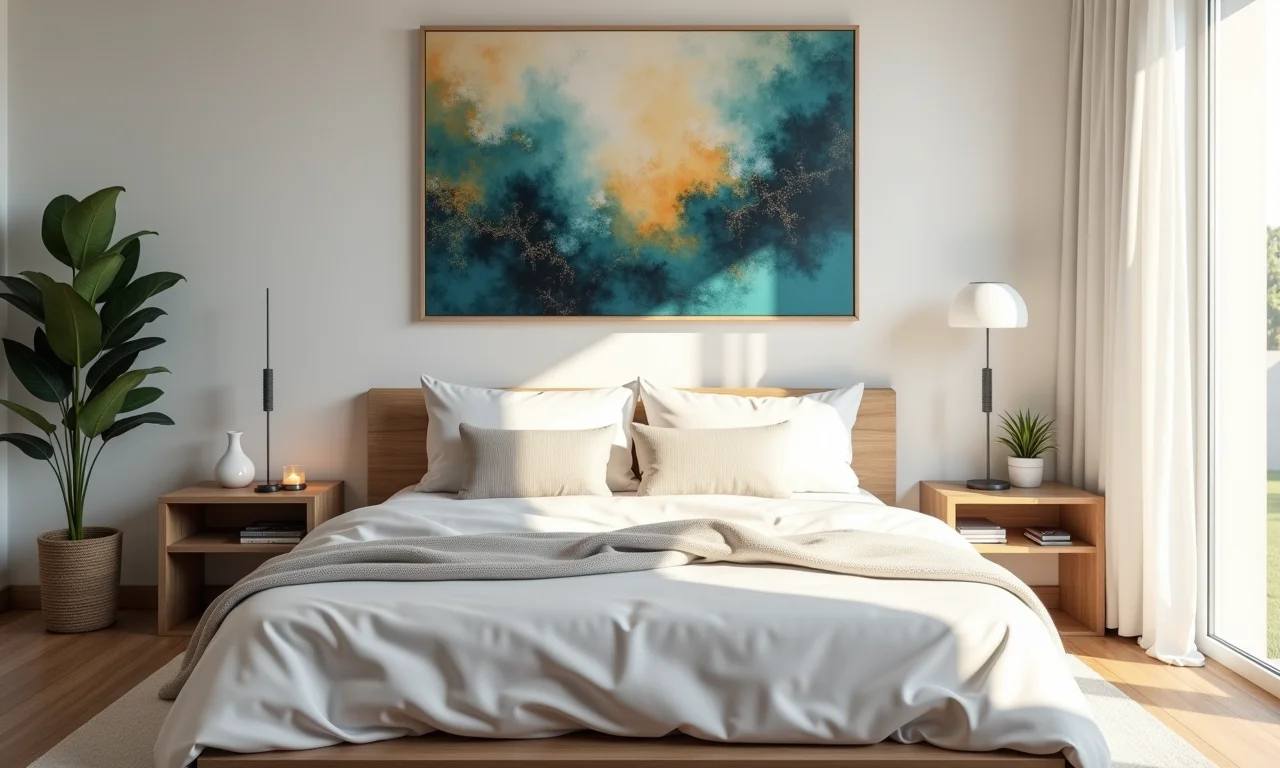 Quarto com arte abstrata sobre a cama, ambiente relaxante.