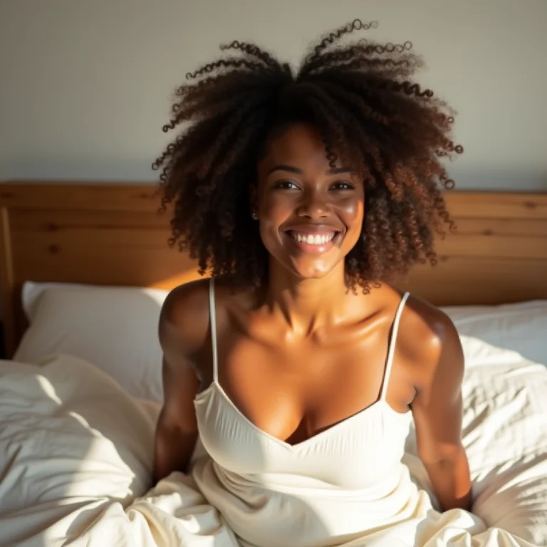 Quarto com atmosfera relaxante: mulher sorrindo em cama de madeira com roupa de cama de linho