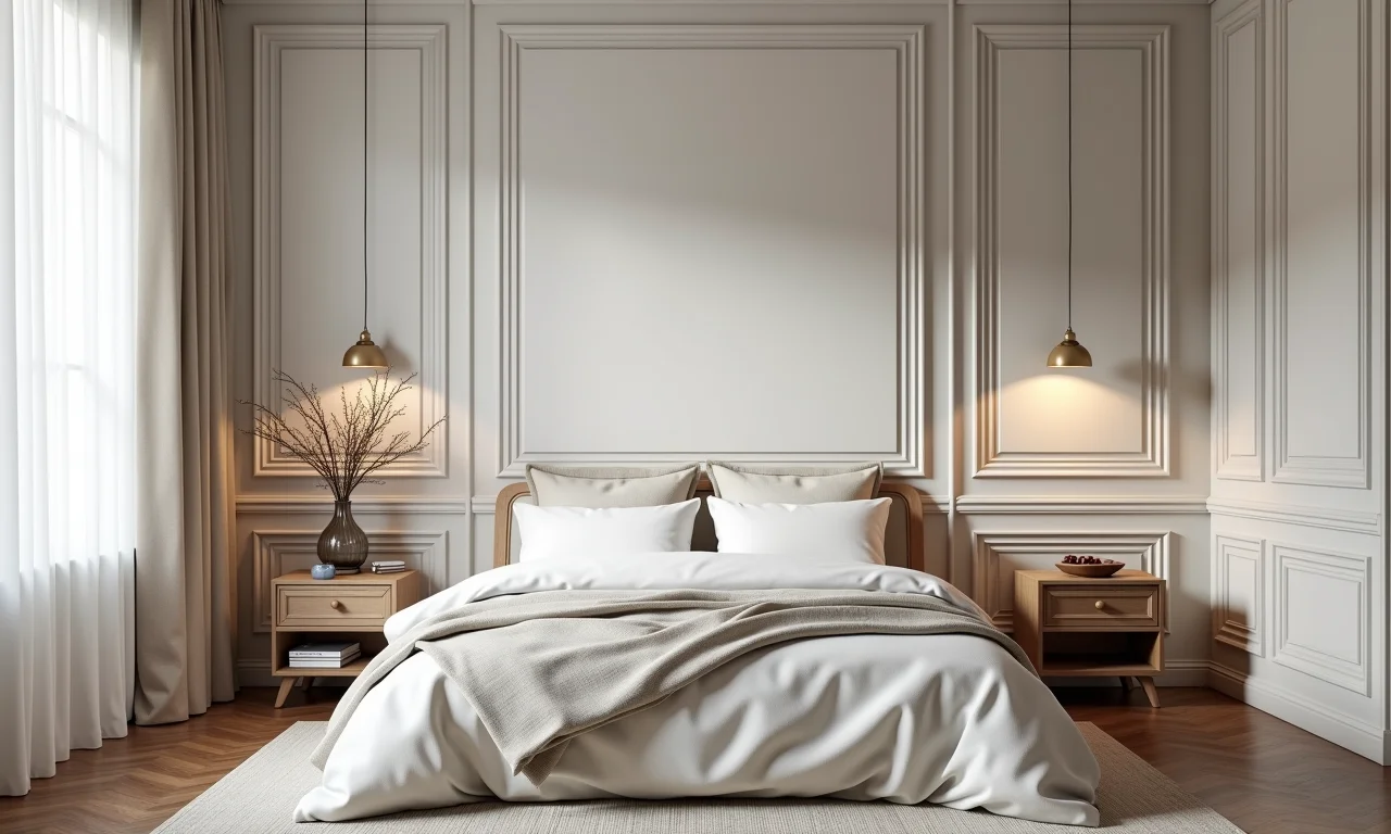 Quarto com boiseries adicionando um toque clássico e sofisticado à parede.