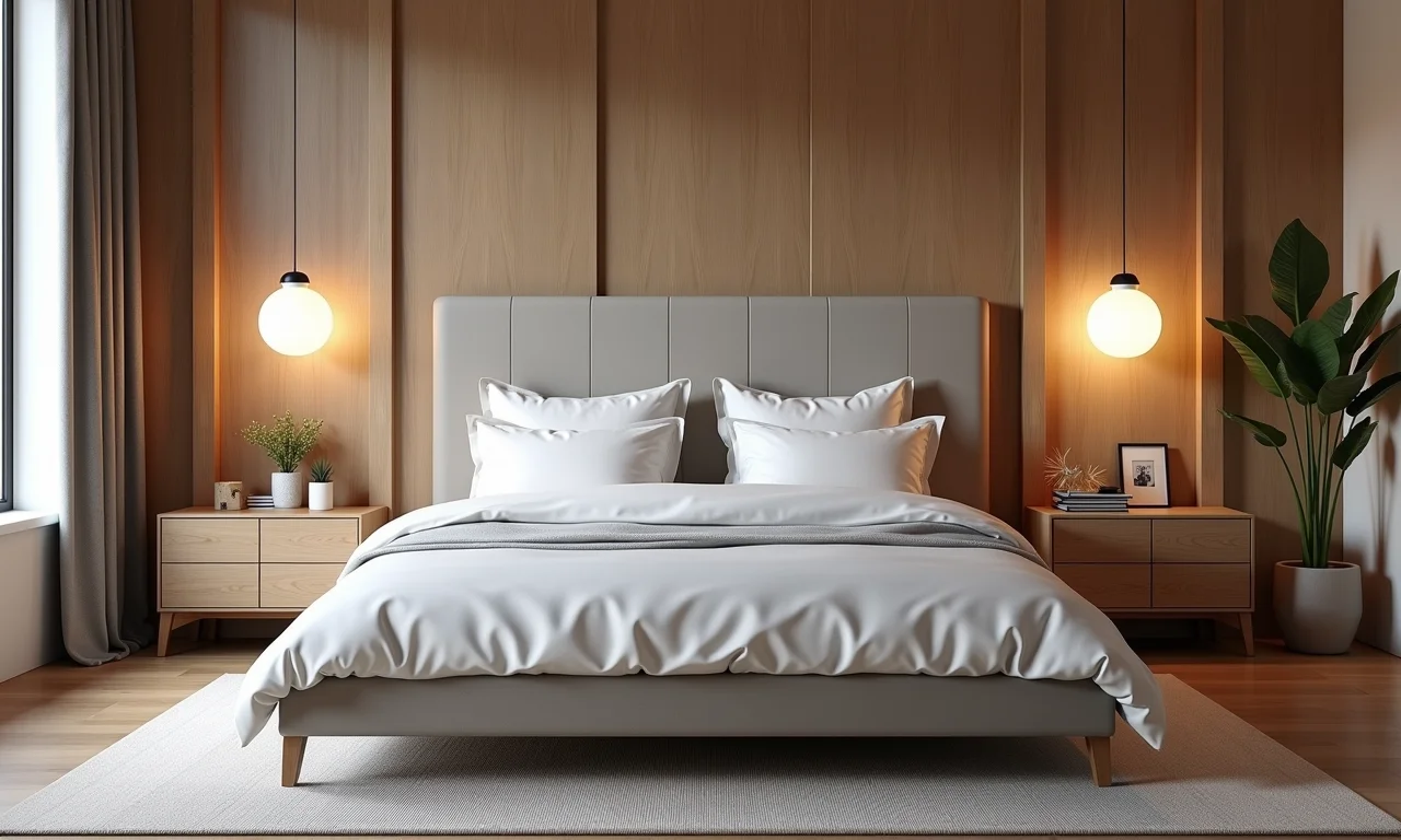 Quarto com cabeceira estendida integrando-se às mesas de cabeceira.