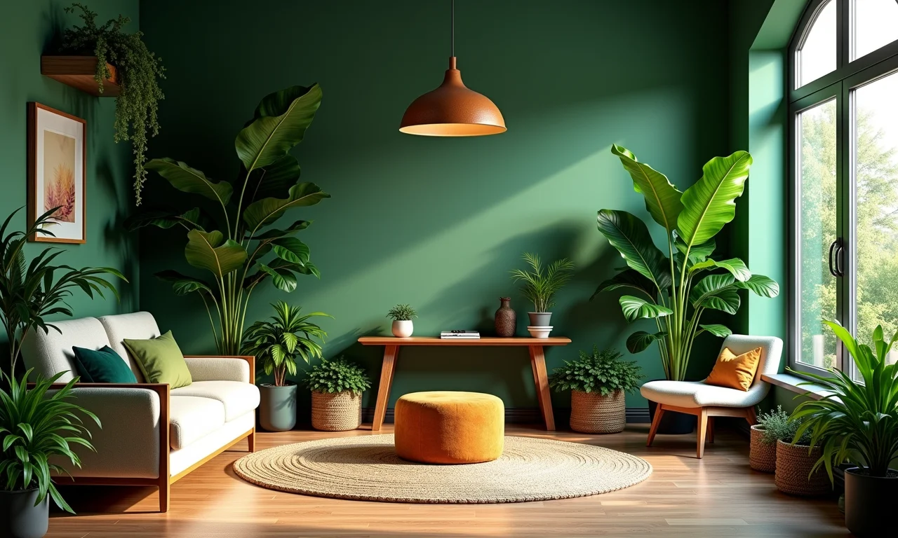 Quarto com decoração de selva harmoniosa e equilibrada, plantas e objetos decorativos.