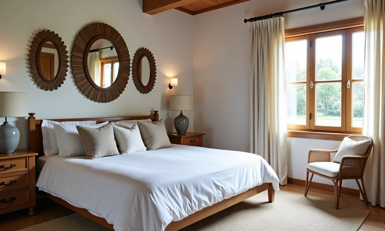 Quarto com espelhos decorativos ampliando a luz e o espaço.