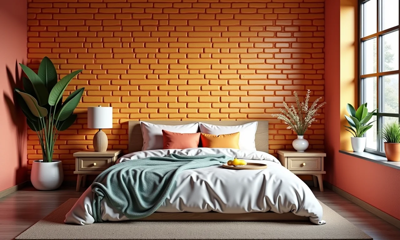 Quarto com espuma adesiva com design de tijolinho.