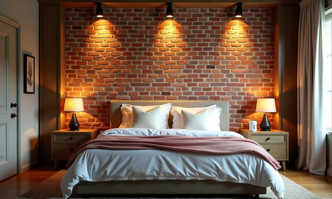 Quarto com iluminação estratégica valorizando o tijolinho fake.