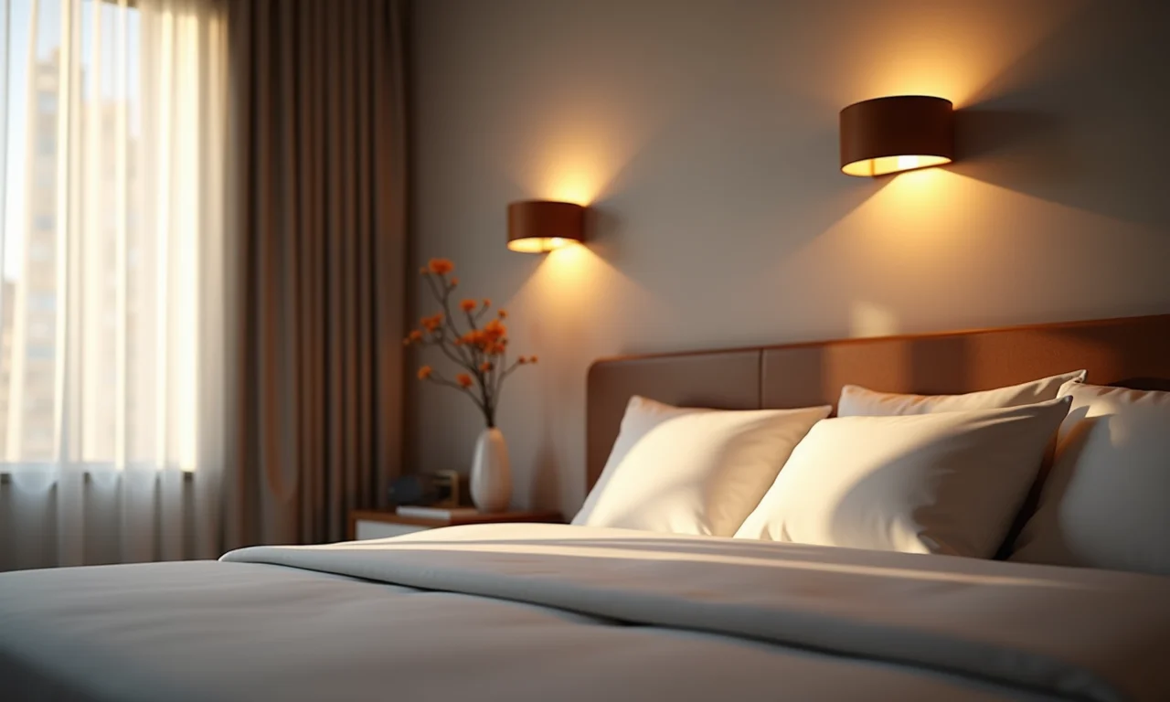 Quarto com luminárias de parede elegantes proporcionando iluminação suave.