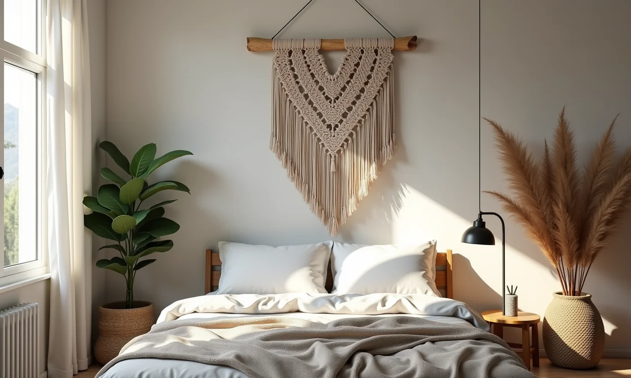 Quarto com macramê na parede adicionando um toque boho e aconchegante.