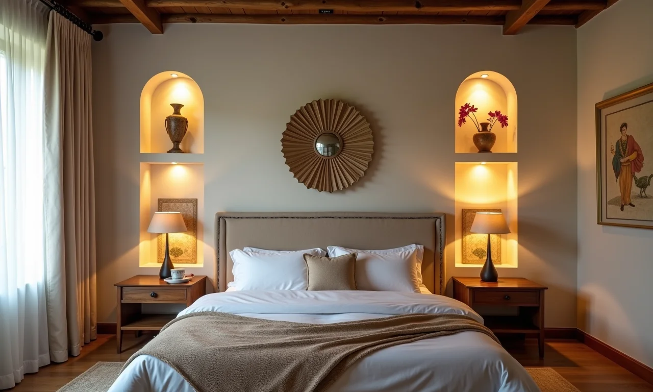 Quarto com nichos iluminados destacando objetos decorativos.