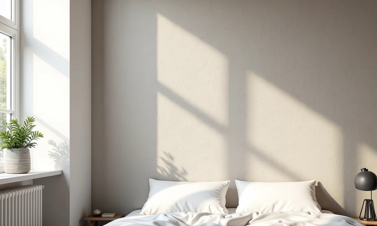 Quarto com papel de parede texturizado em padrão sutil e sofisticado.