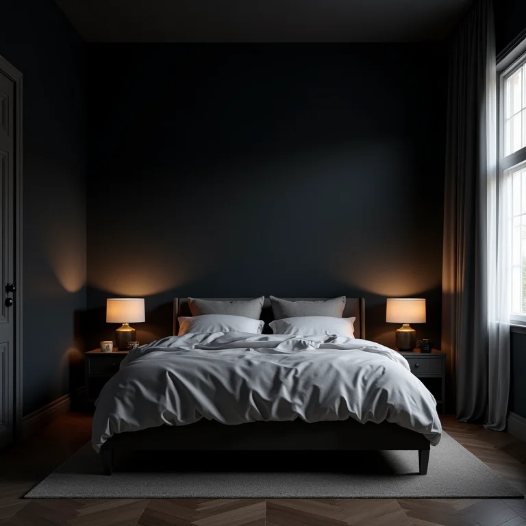 Quarto com paredes escuras que diminuem visualmente o espaço.