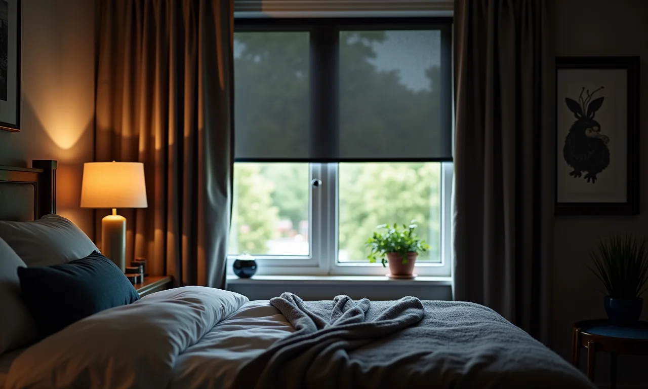 Quarto com persianas rolô blackout garantindo privacidade.