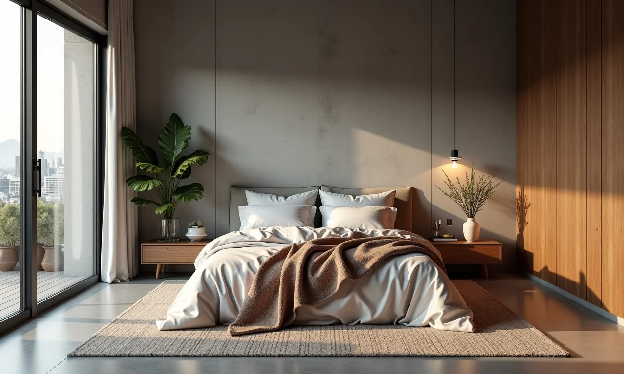 Quarto com piso de cimento queimado e decoração aconchegante.