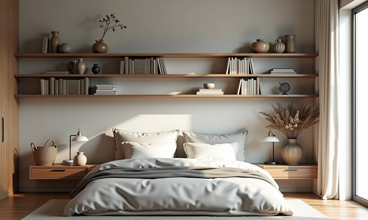 Quarto com prateleiras flutuantes exibindo livros e decoração.