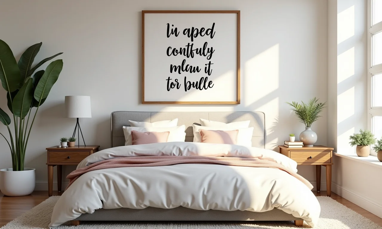 Quarto com quadros com frases inspiradoras acima da cama.