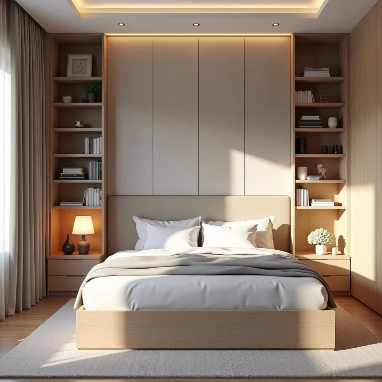 Quarto com soluções inteligentes de armazenamento