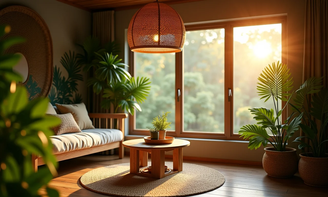 Quarto com tema de selva com iluminação suave e abajur de vime.