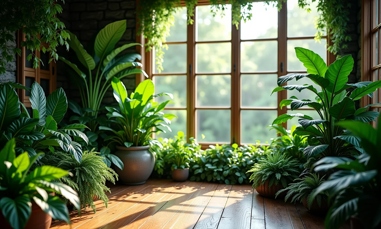 Quarto com tema de selva, foco nas diversas tonalidades de verde e texturas de madeira.