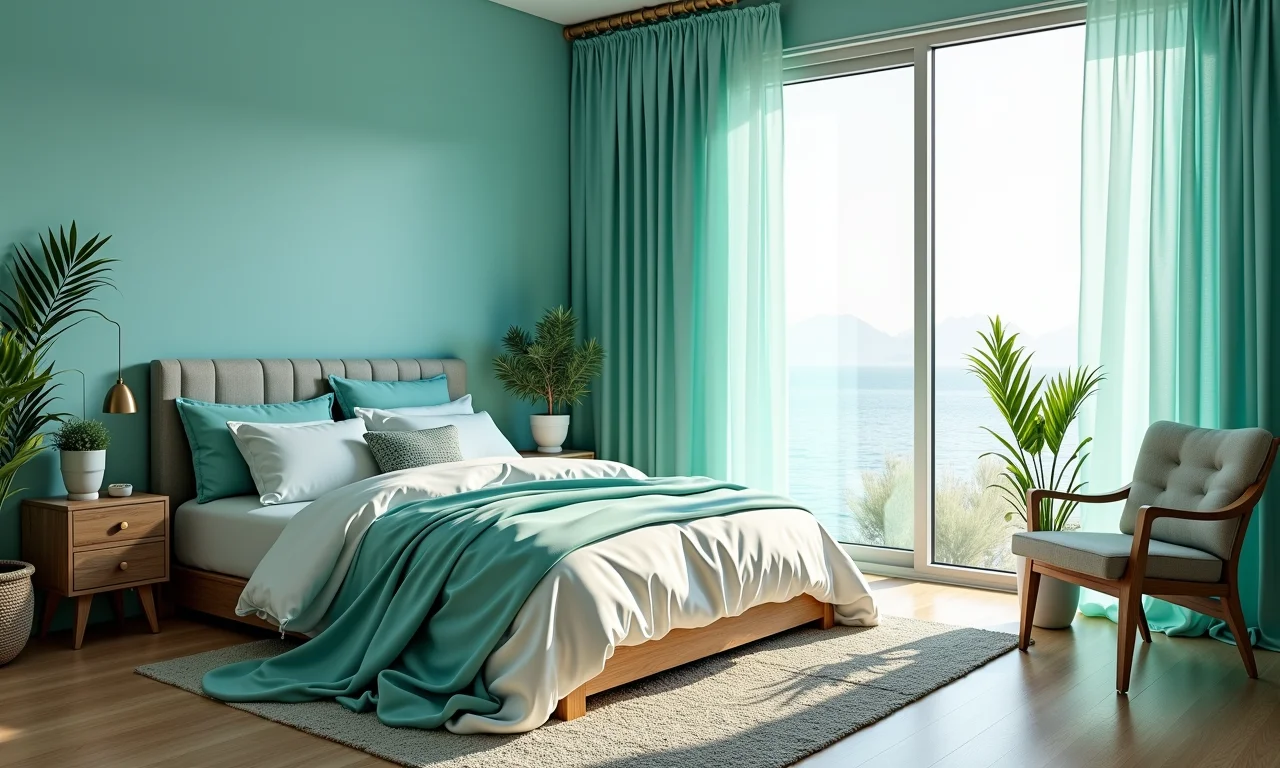 Quarto com tema de sereia e cores do oceano, estilo Farm Rio.