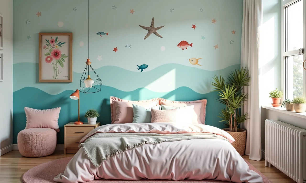 Quarto de menina com papel de parede com tema oceânico.