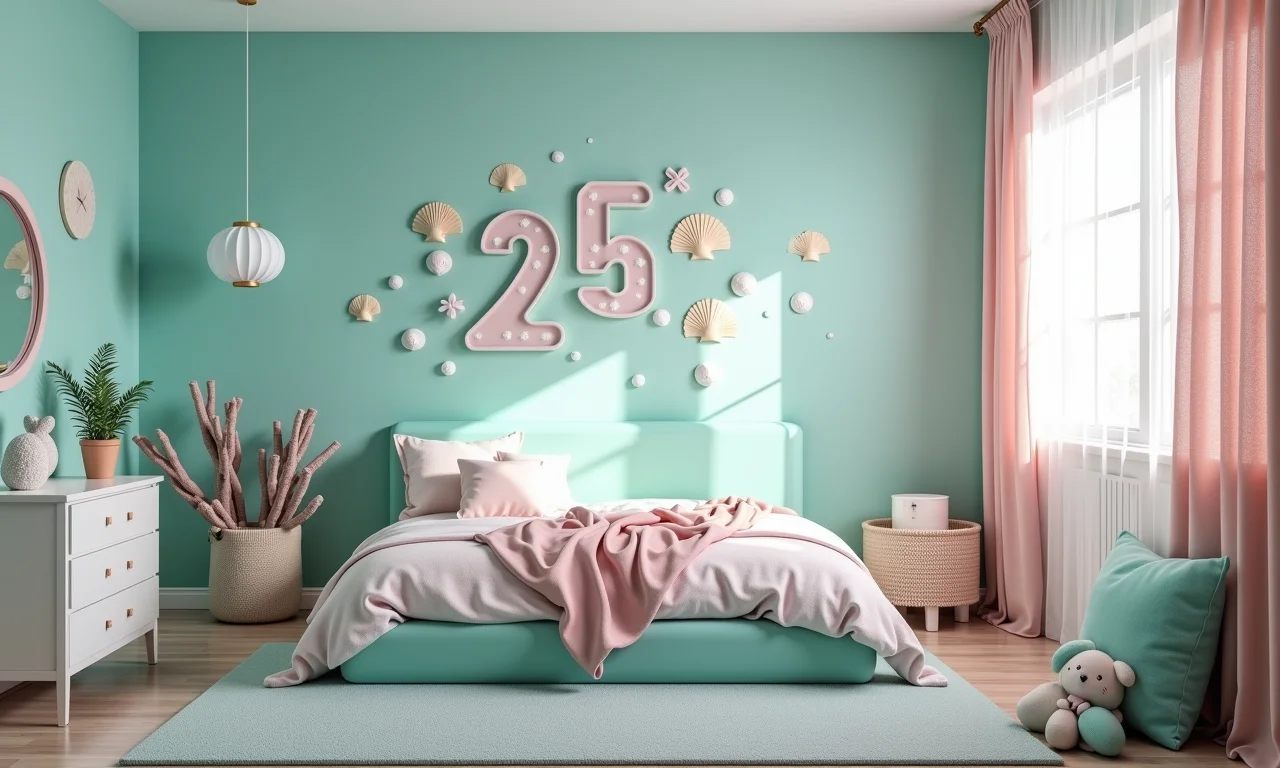 Quarto de menina com tema de sereia, cores suaves do oceano e decoração encantadora.
