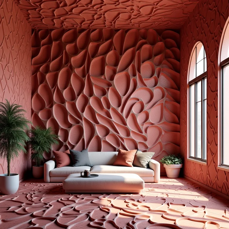 Quarto exageradamente decorado com papel de parede 3D.