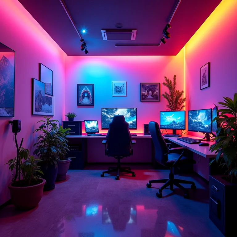 Quarto gamer com excesso de cores vibrantes e conflitantes.