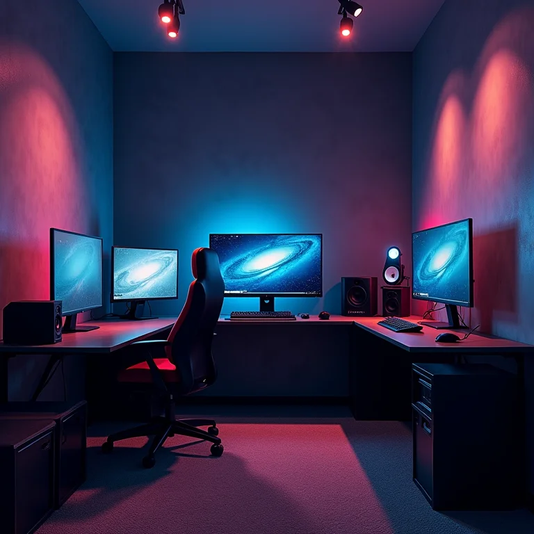 Quarto gamer com paredes nuas e eco, demonstrando má acústica.