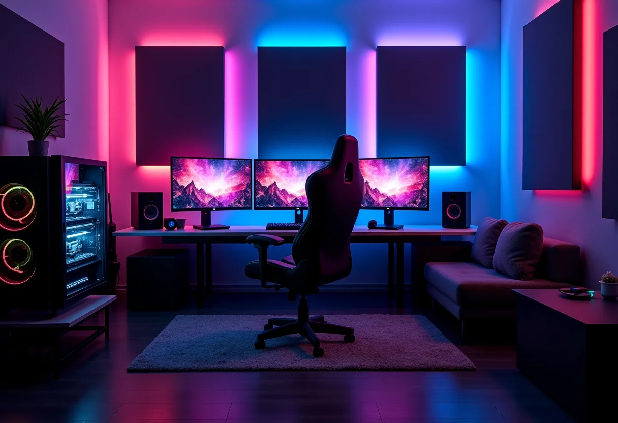 Quarto gamer moderno com setup imersivo e iluminação RGB