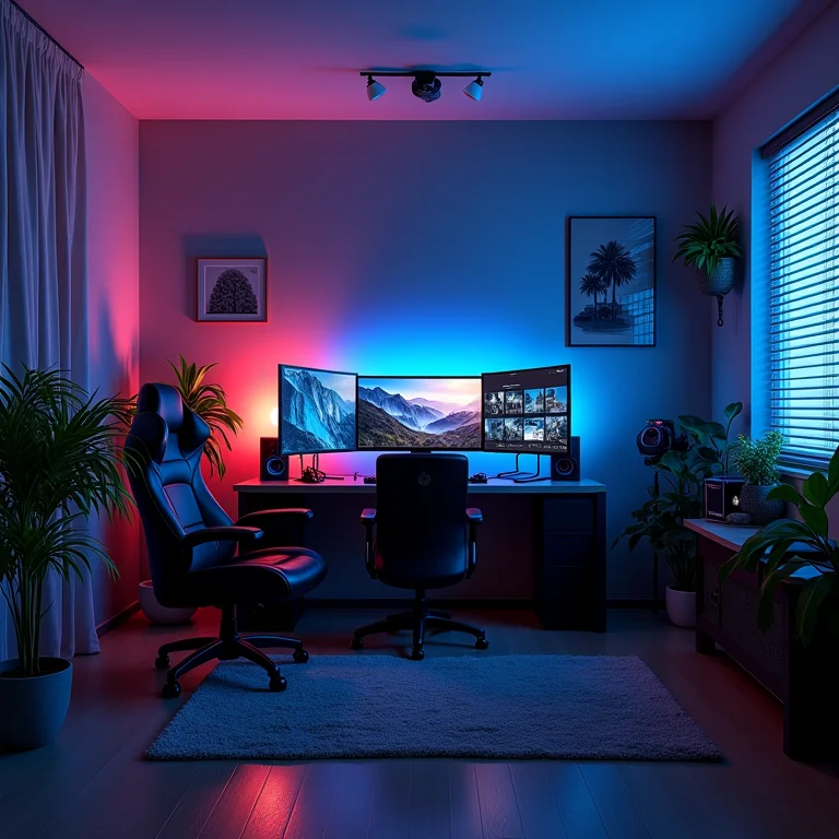 Quarto gamer sem plantas ou elementos naturais