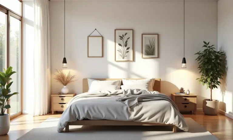 Quarto iluminado com parede da cama decorada com arte, iluminação e texturas.